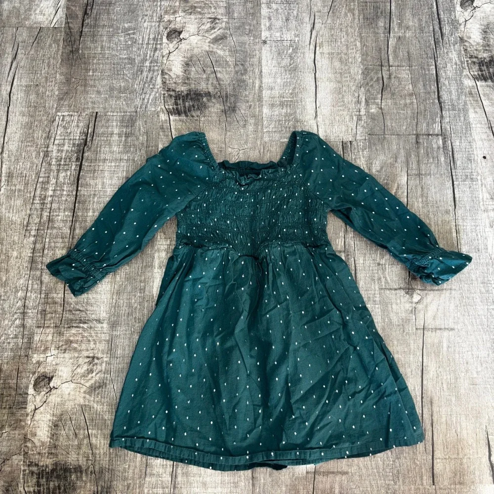 Girls Dark Green Smocked Long Sleeve Dot Print Dress Square‎ Neck Ruffle Trim